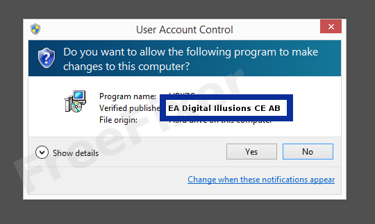 Screenshot where EA Digital Illusions CE AB appears as the verified publisher in the UAC dialog